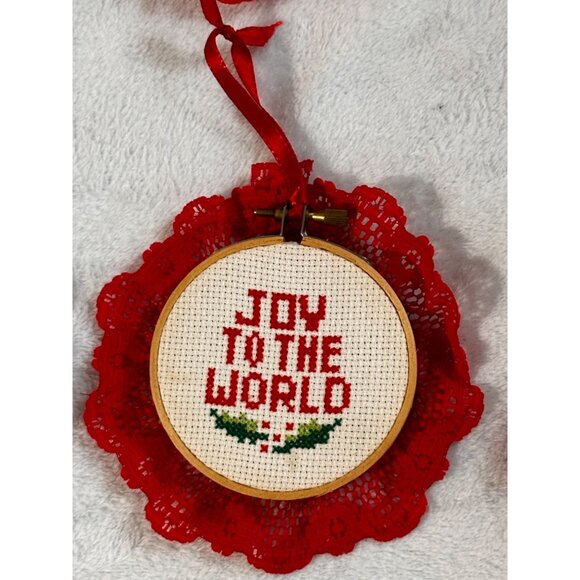 7 Christmas-Themed Cross Stitch Ornaments Lace Trim & Hanging Ribbons Handmade - Picture 5 of 16